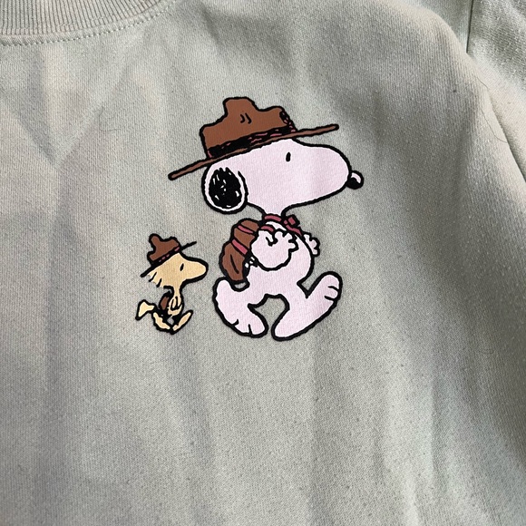 Peanuts Mint Green Sweatshirt Camping Theme Size S Snoopy Forest Mountains - Picture 4 of 6